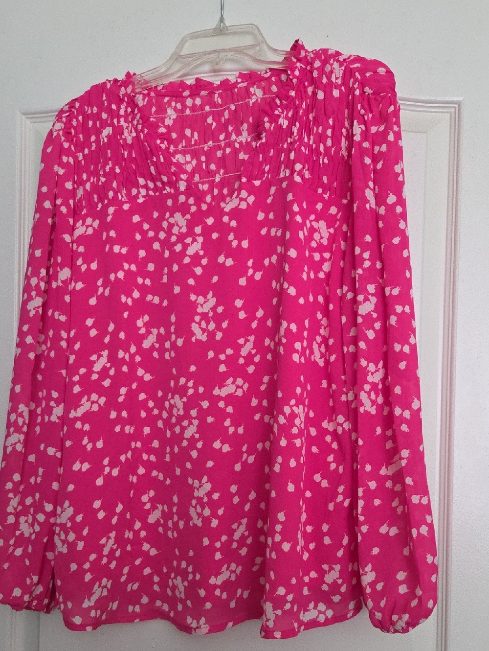Bright Pink Printed V- Neck Long Sleeve Blouse